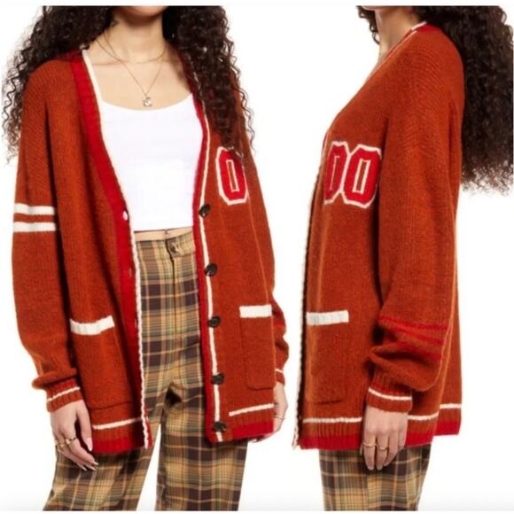 NWT BP Nordstrom Womens‎ Oversized Varsity Cardigan Rust Ivory Taylor Swift - Picture 2 of 16